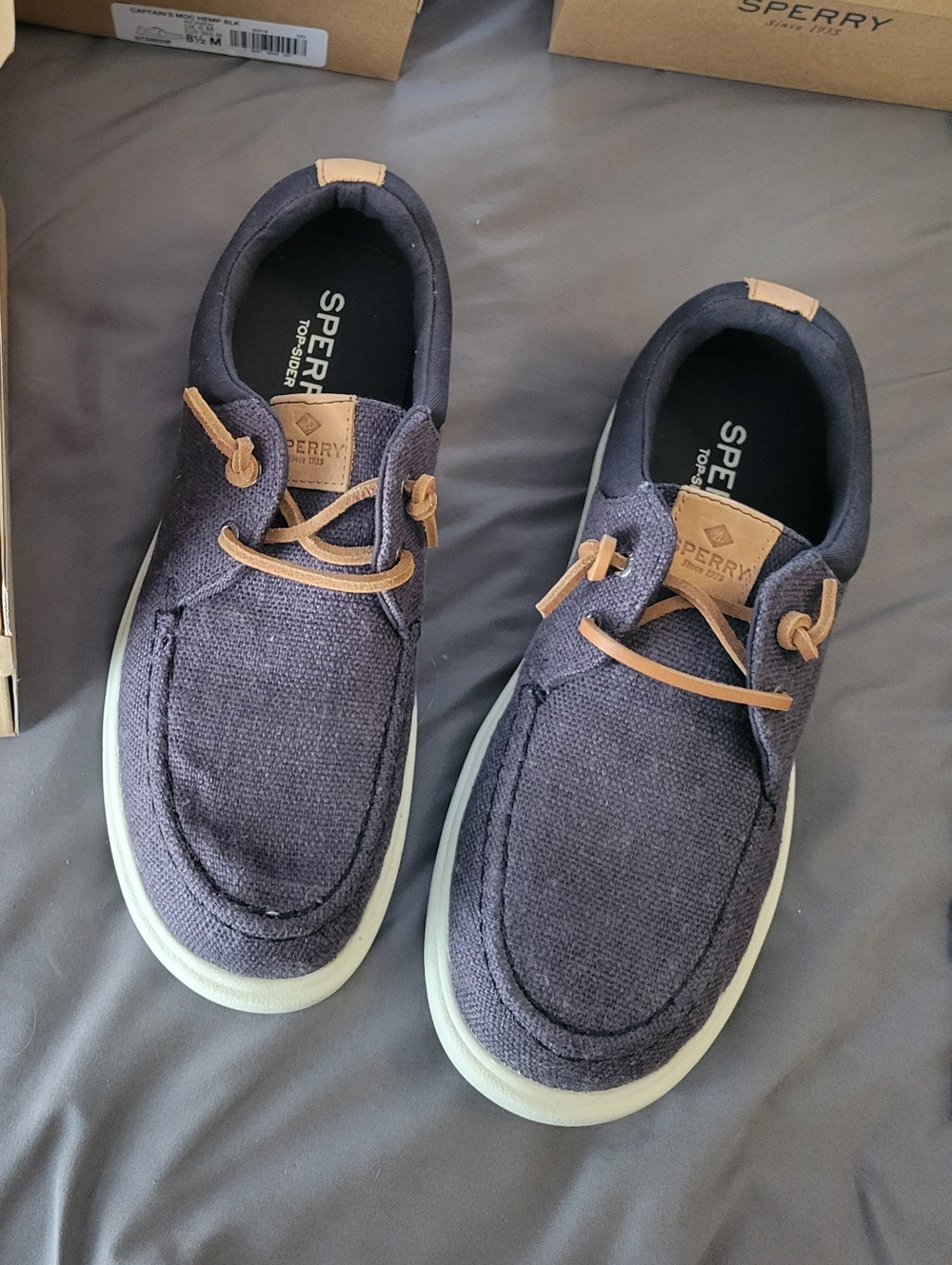 *NWT* Sperry Navy/Gray Canvas Boat Shoes with Tan Leather Laces